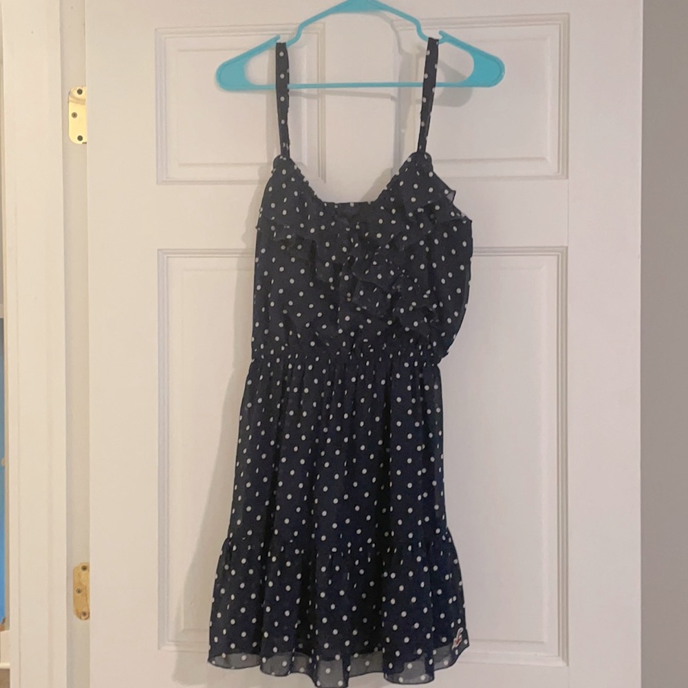 Navy and white polka dot dress